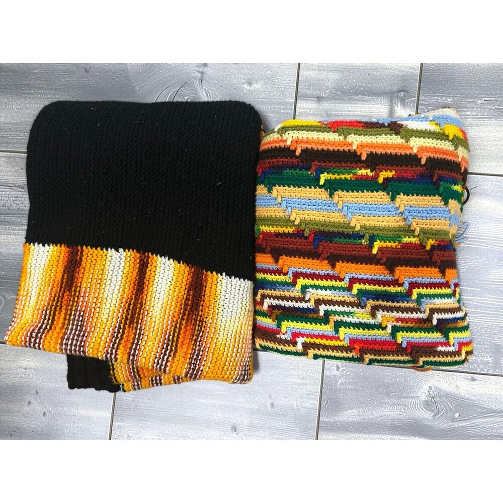 Lot 2 Handmade Crochet Knit Throw Blankets Orange Black Multicolor 51x68 52x80